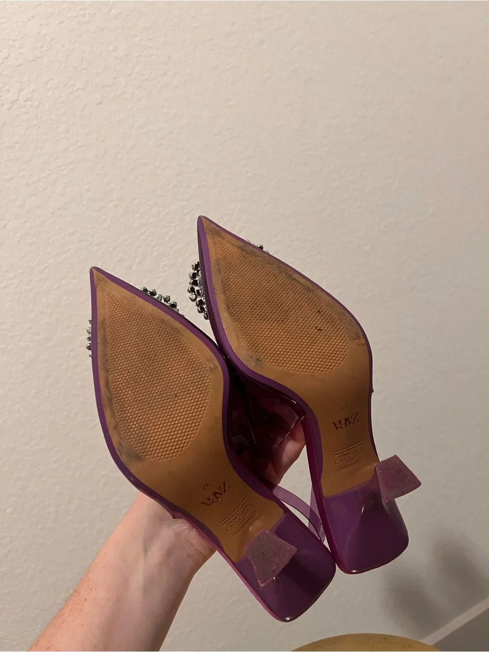 Zara rhinestone embellished vinyl high heels violet purple size 37